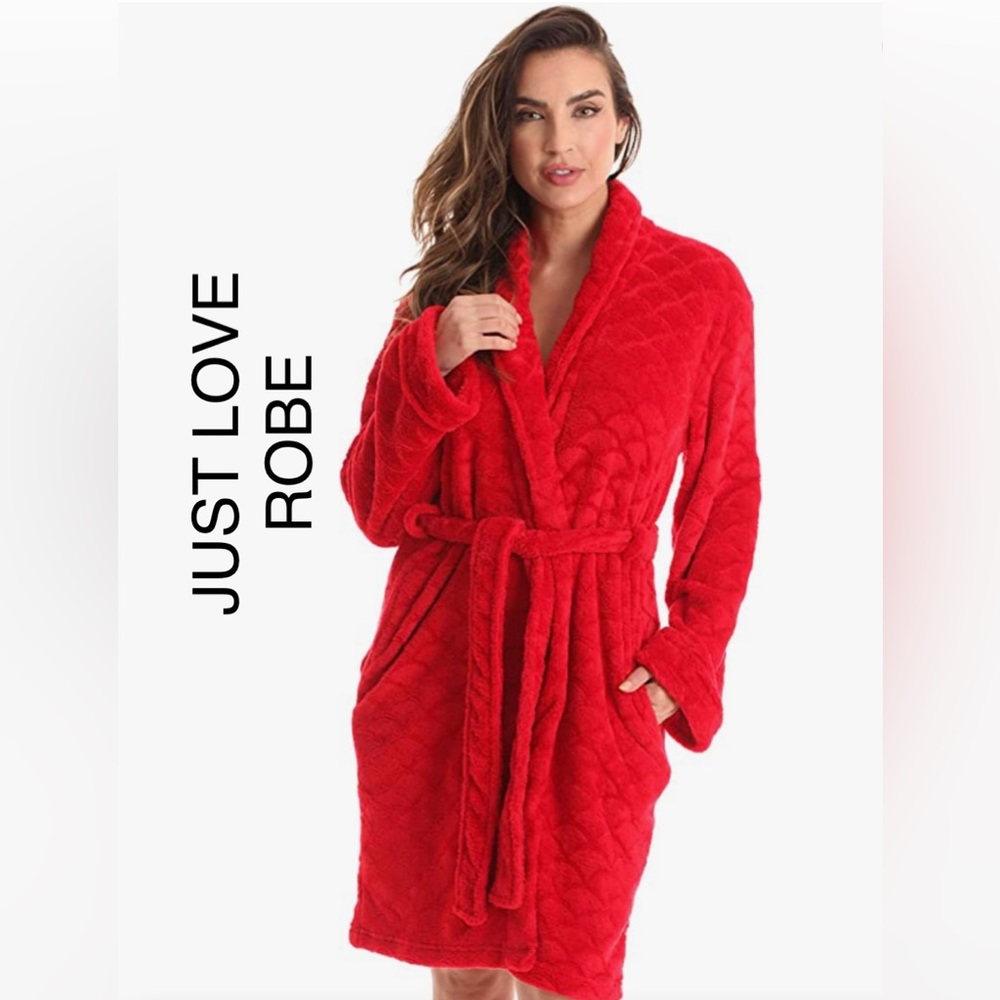 Just Love Plush Kimono Plush Velour Robe w/Pockets ~ Red Scalloped Pattern ~ 2X